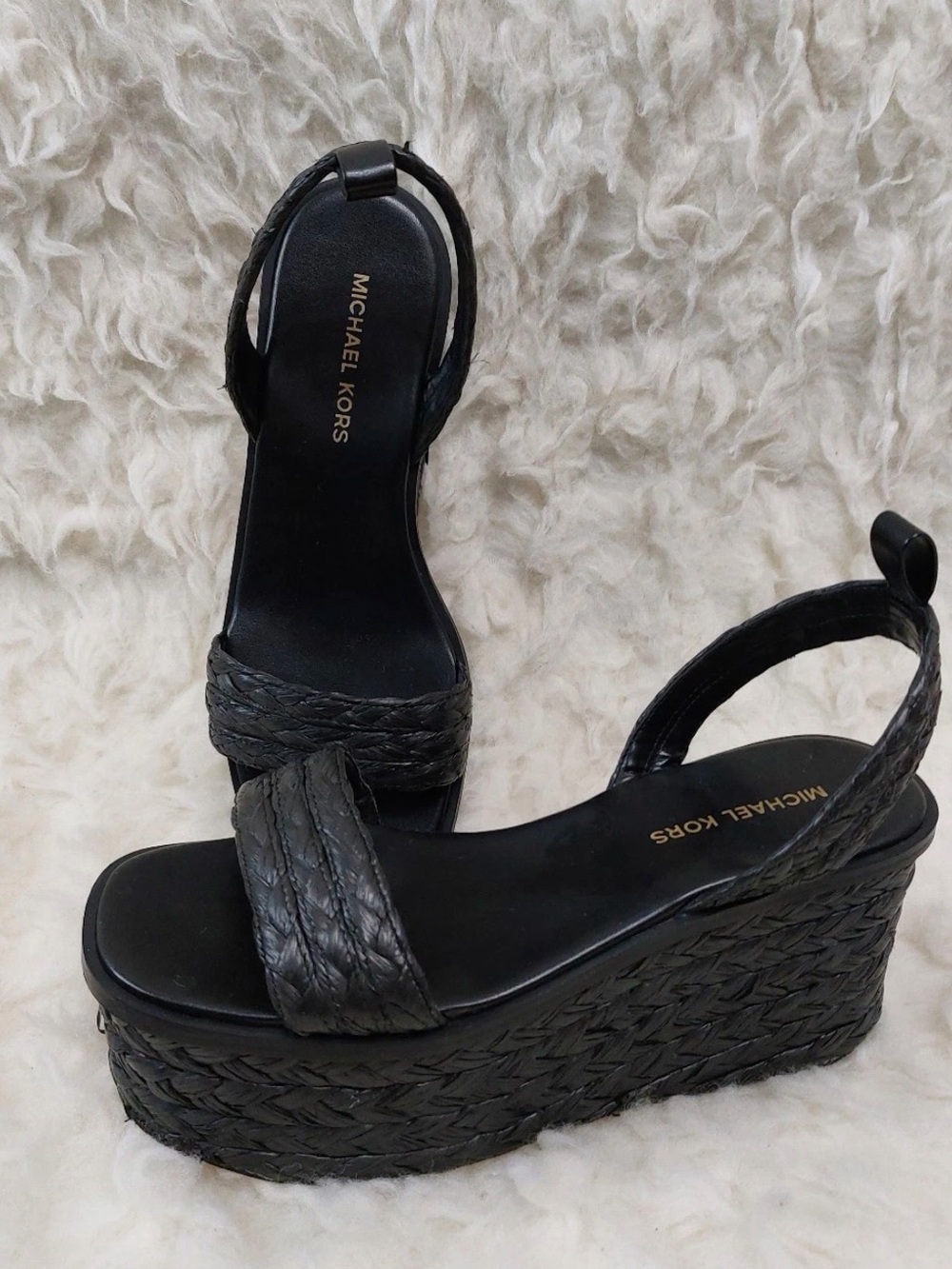 Michael Kors Black Braided Platform Wedge Sandals